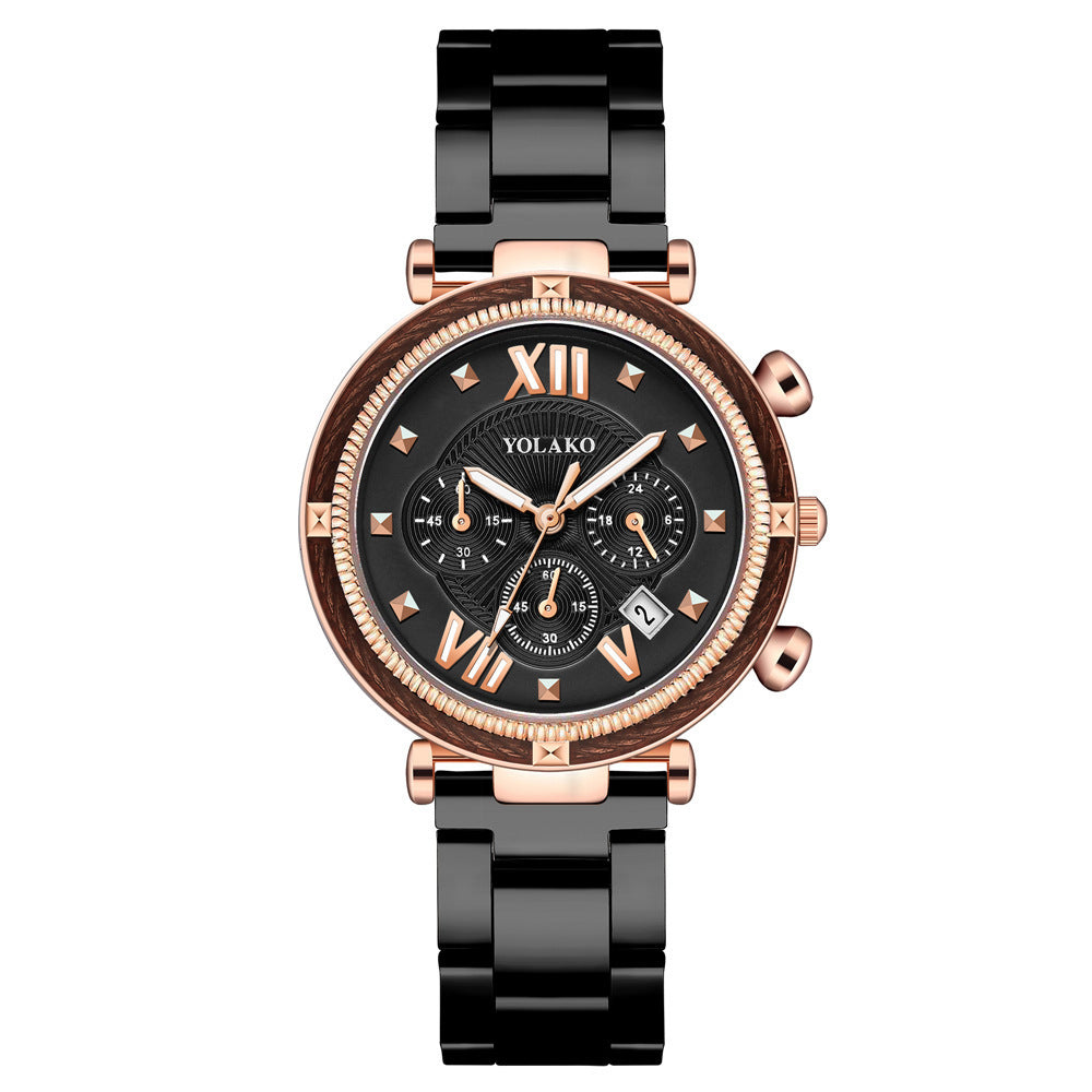 Women's Three-eye Calendar Alloy Steel Quartz Watch