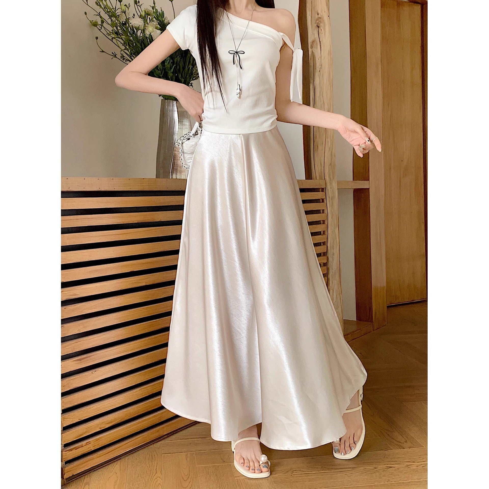 Women's Casual All-match Acetate Satin Draped Solid Skirt