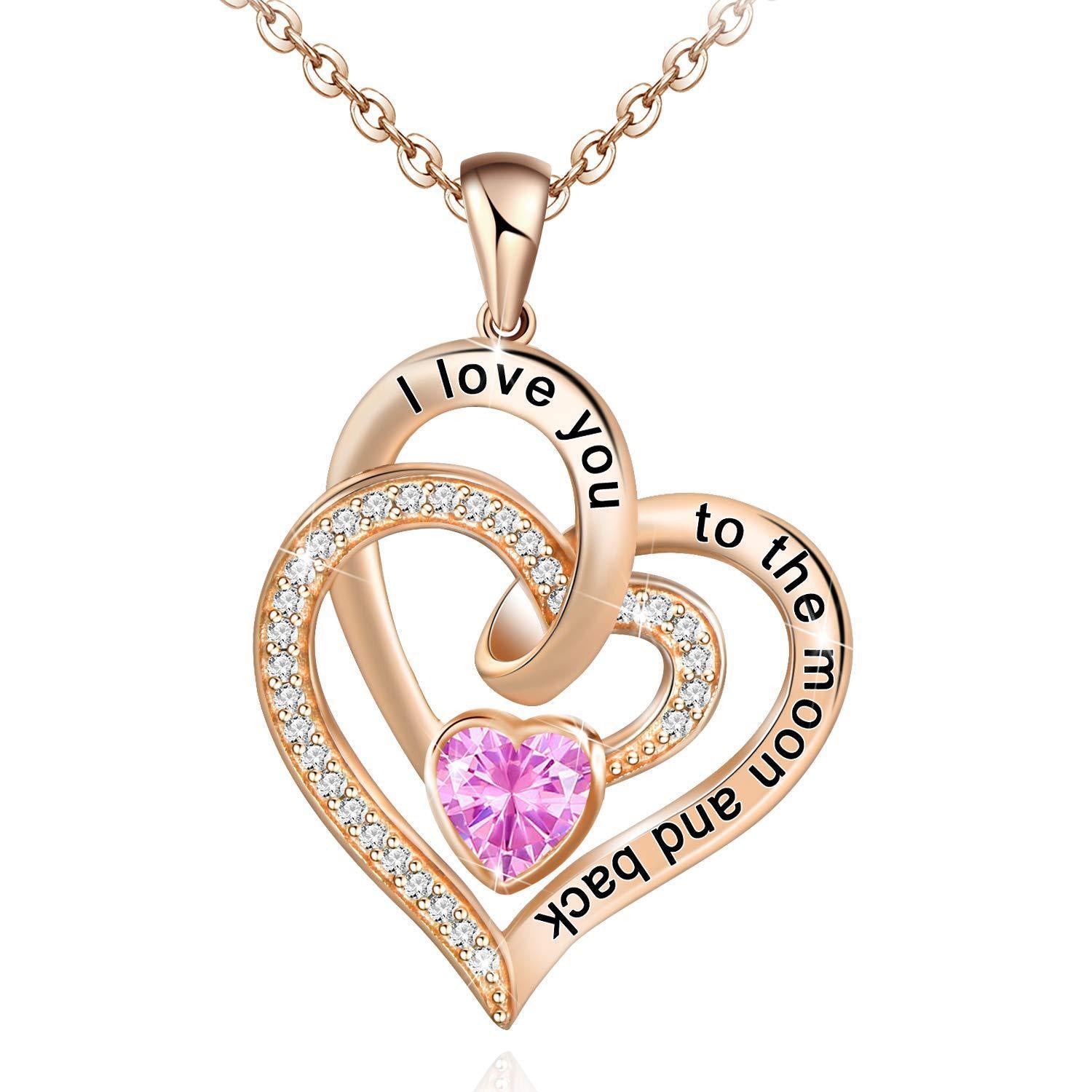Lettering Necklace Double Heart Diamond Birthstone Necklace
