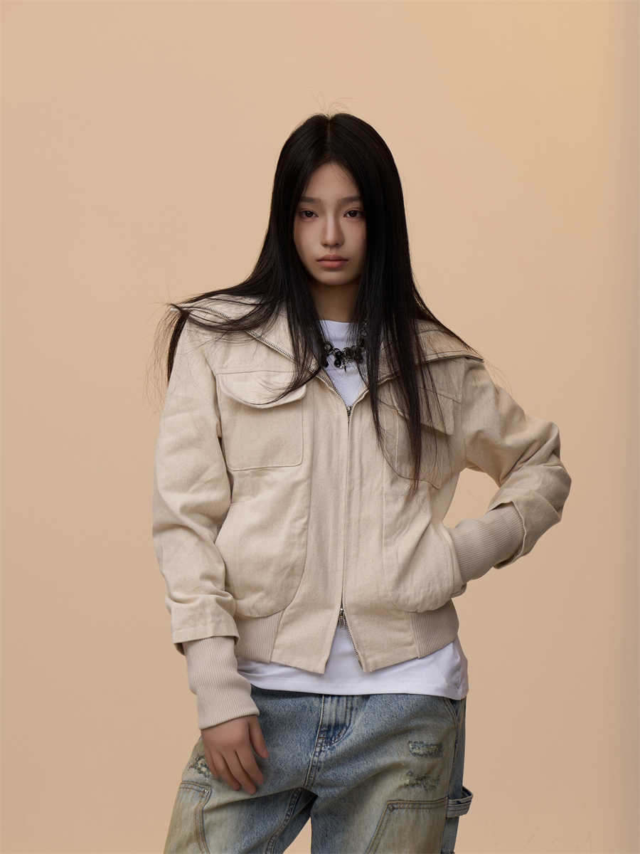 Antique Beige Lapel Design Jacket For Women Baggy Coat