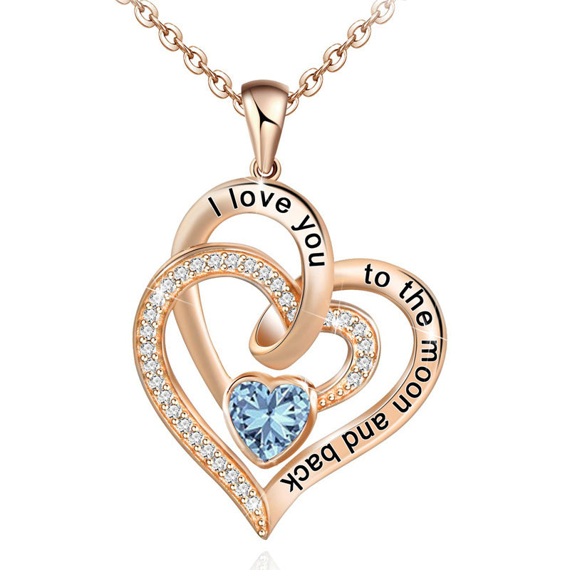 Lettering Necklace Double Heart Diamond Birthstone Necklace