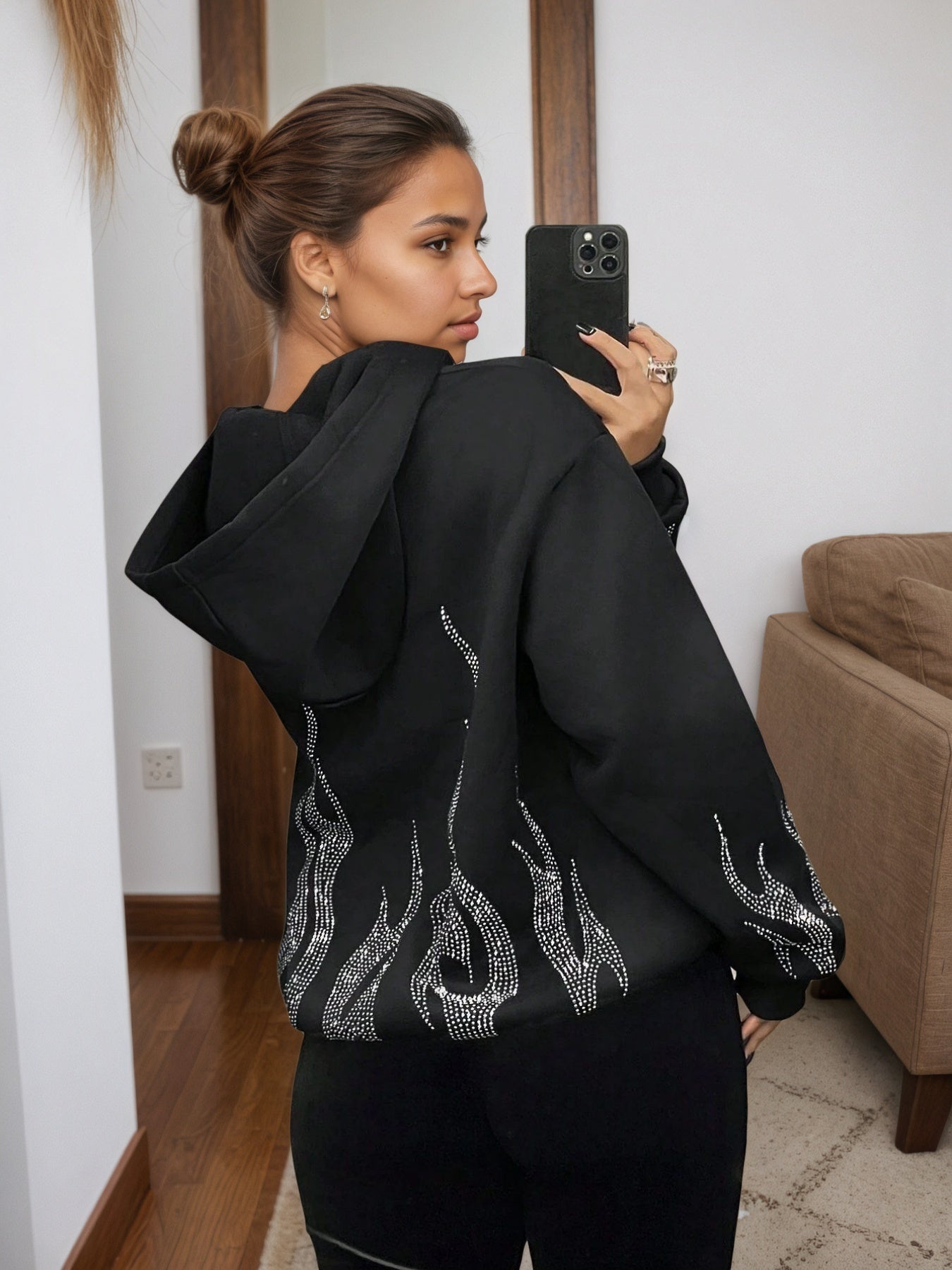 2025 New Women's Jacket With Zipper Closure, Hooded Neck, Flame Printed Sleeves, Essential Women's Coat For Autumn And Winter