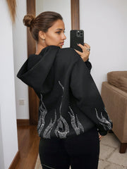 2025 New Women's Jacket With Zipper Closure, Hooded Neck, Flame Printed Sleeves, Essential Women's Coat For Autumn And Winter