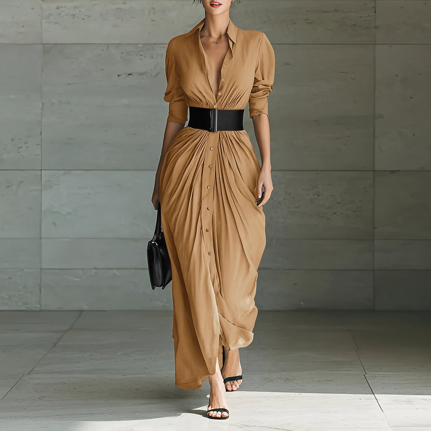 Fashionable Elegant Lapel Breasted Shirt Dress With Belt