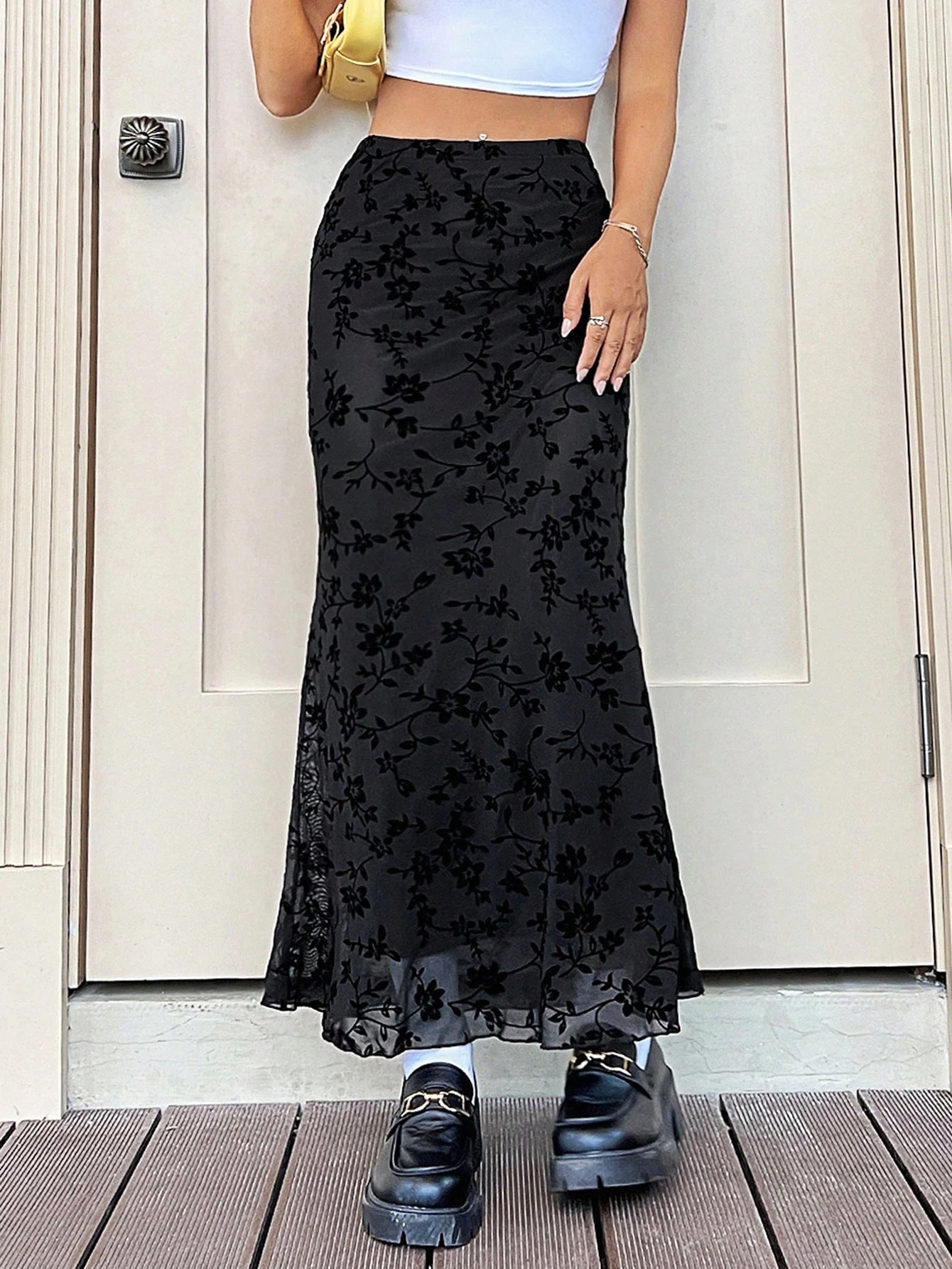 Dark Green Floral Half-length Fishtail Skirt For Women