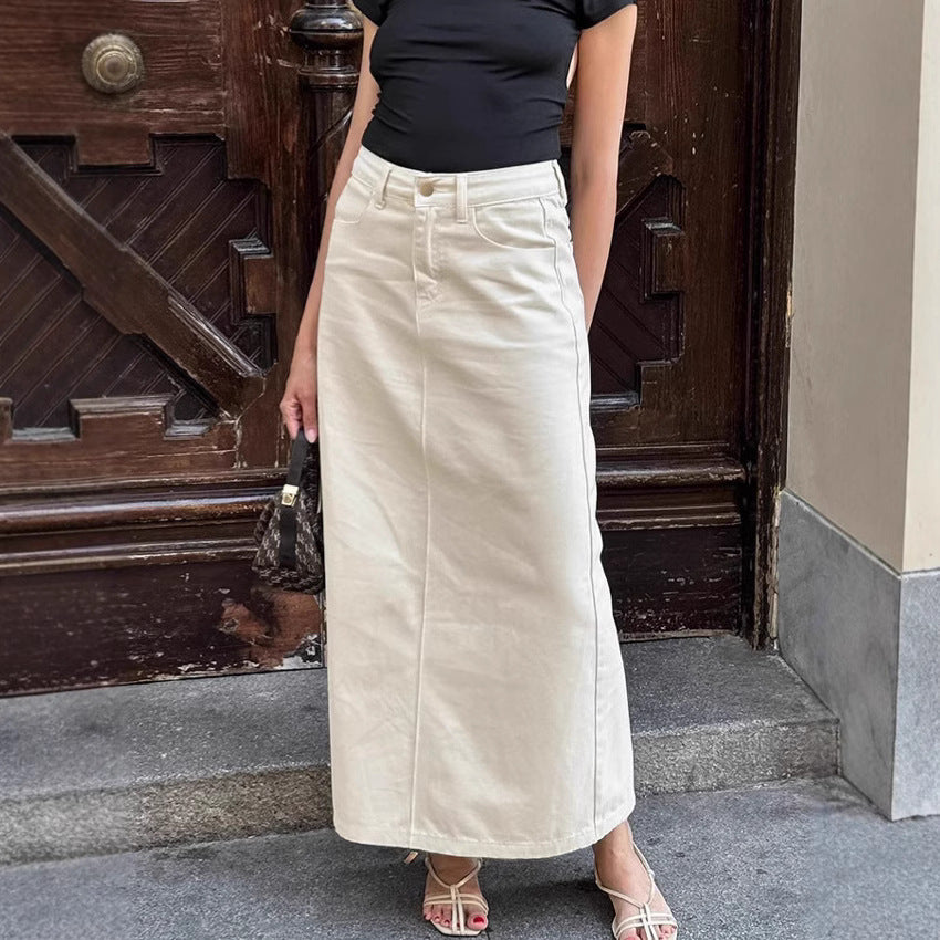 High Waist Slit Workwear Denim Skirt Women's Clothing