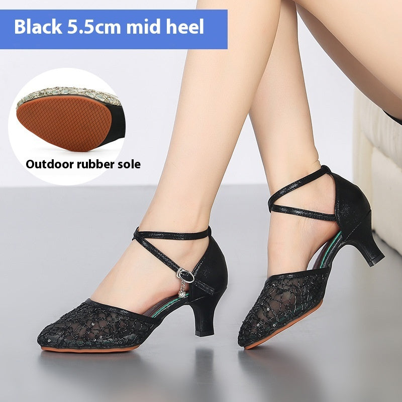 Latin Dance Shoes Female Adult Mid Heel Summer