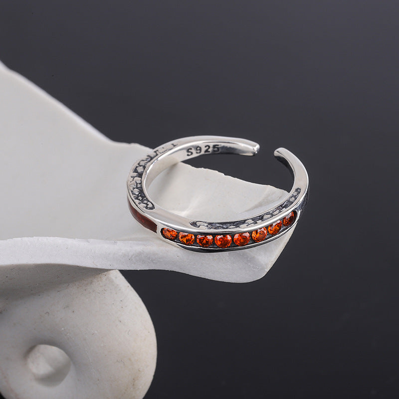 S925 Sterling Silver Exquisite Orange Zircon Set Adjustable Ring