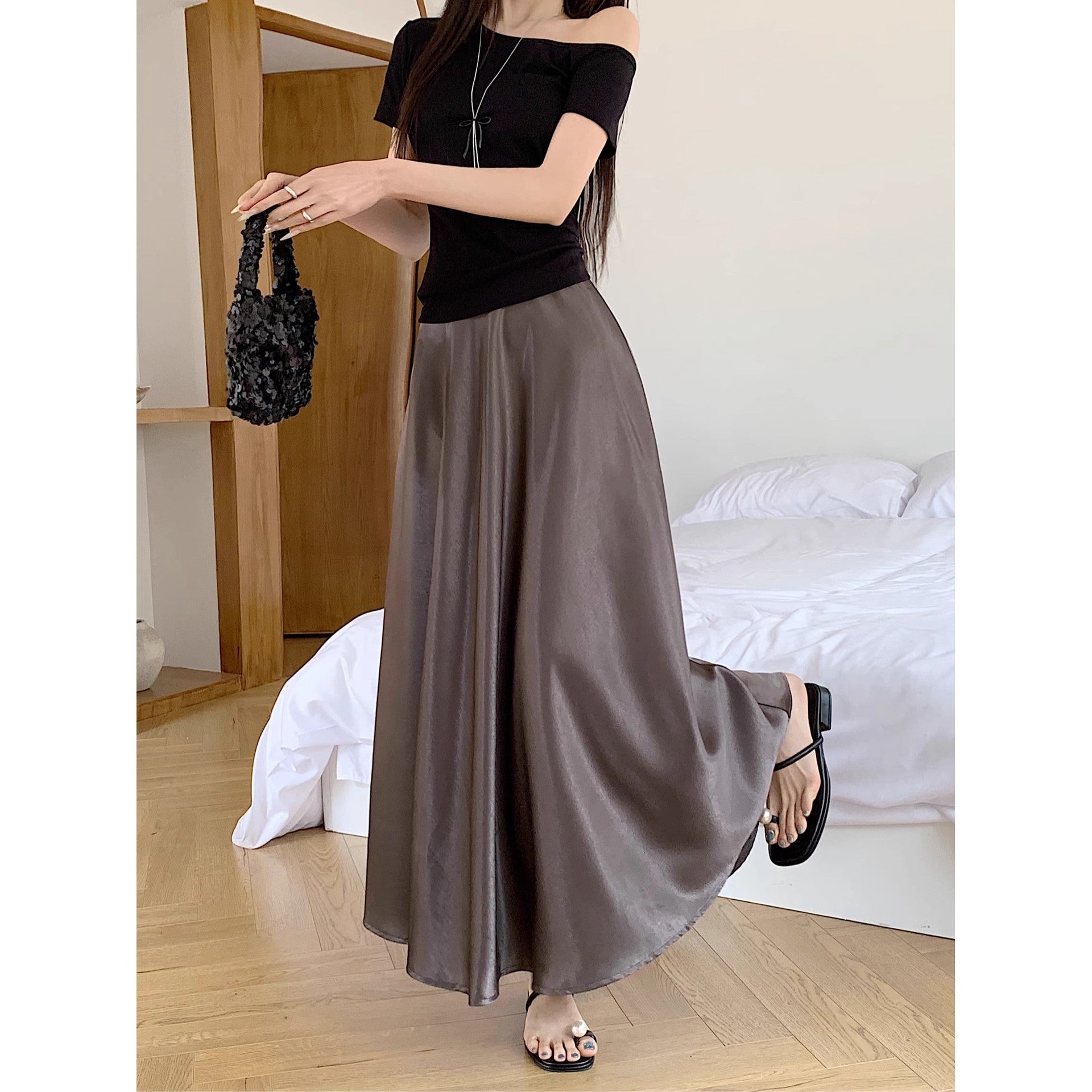Women's Casual All-match Acetate Satin Draped Solid Skirt