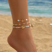 Beach Vacation Bead Shell Starfish Foot Ornaments Anklet Three-piece Set