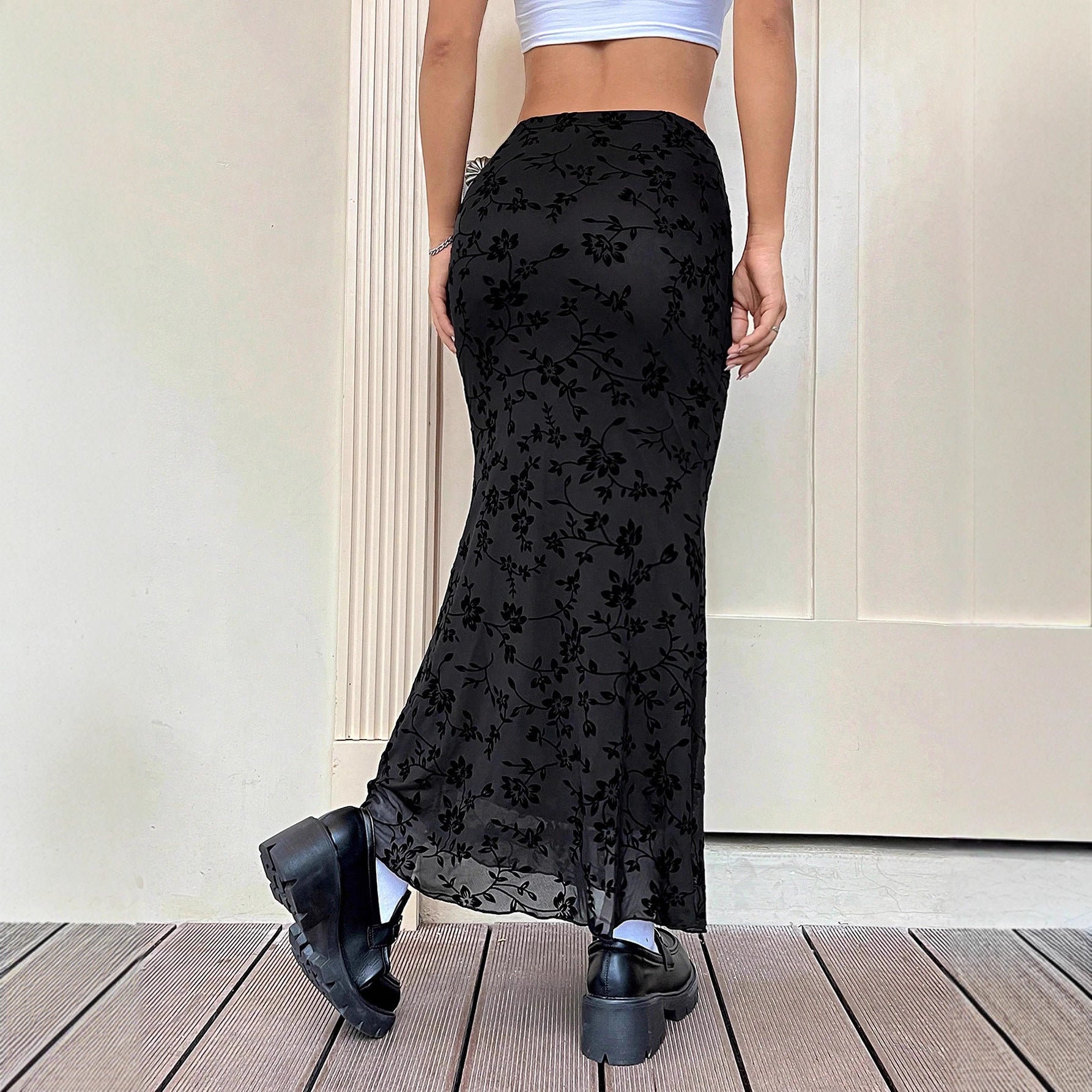 Dark Green Floral Half-length Fishtail Skirt For Women