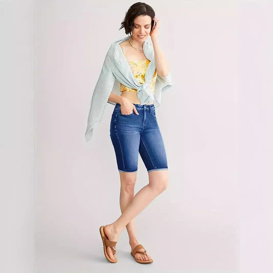 New Women's Slim Fit All-match Embossed Button Denim Shorts