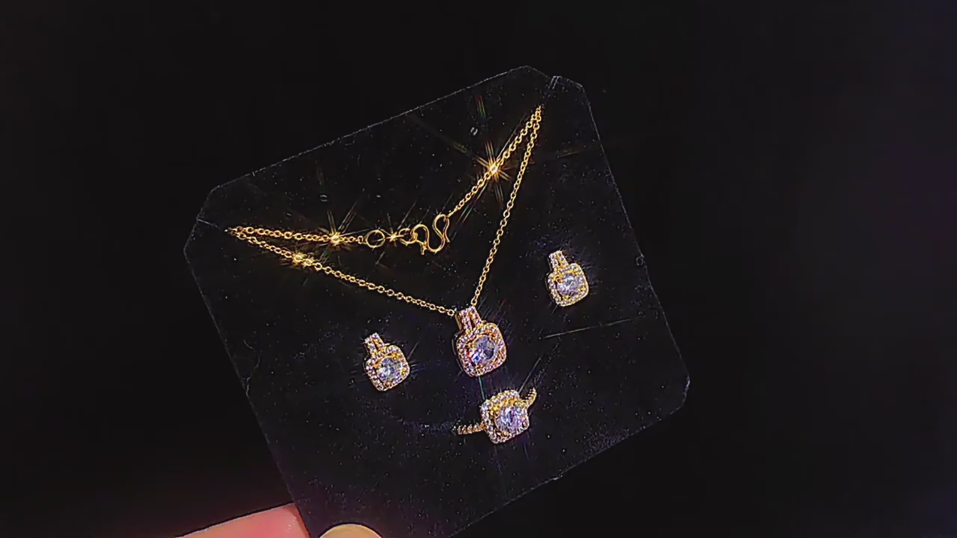 Load video: Fashion Jewelry Set Zircon Gem Pendant Chain Choker Necklace For Women Gold Color Stud Earring Statement Wedding Ring