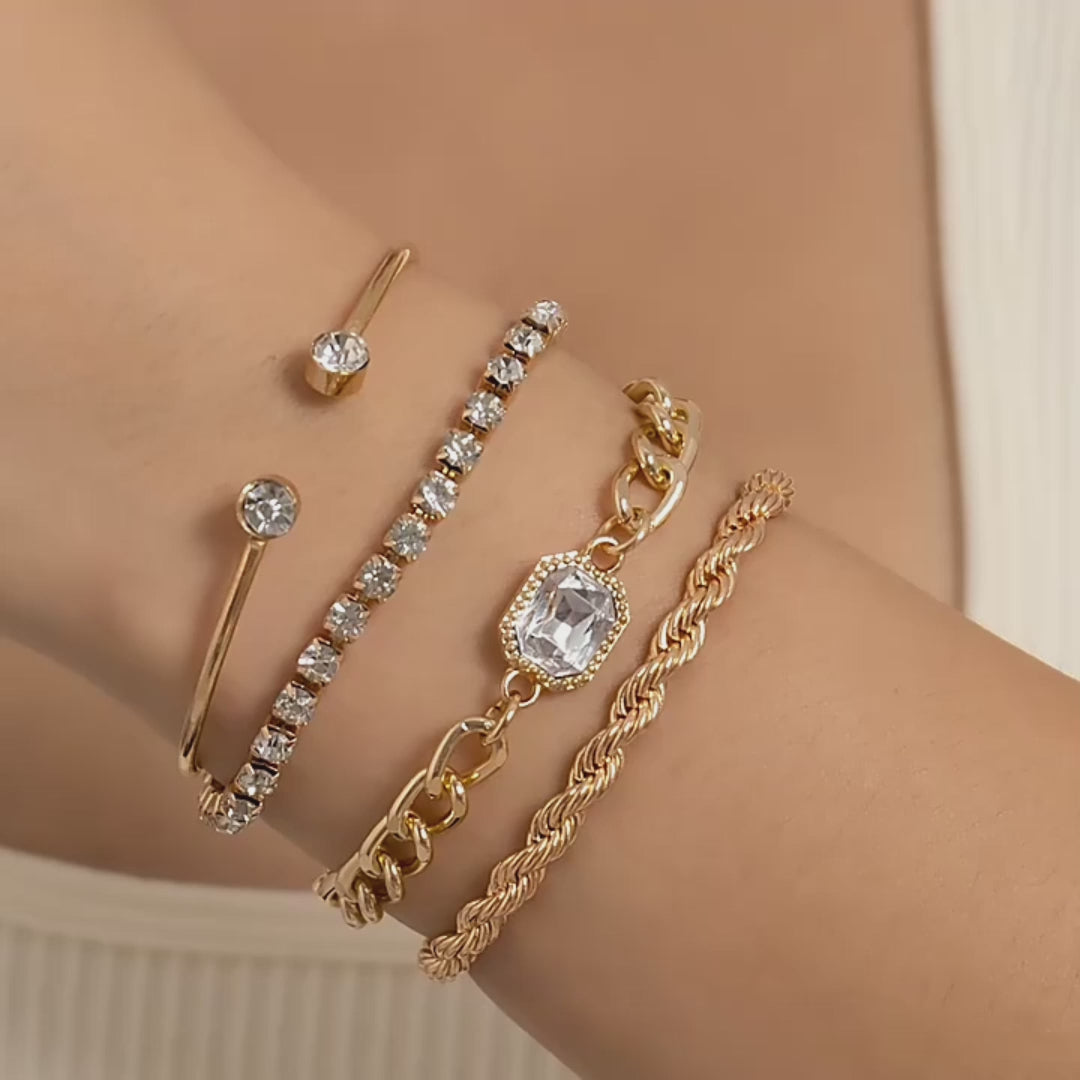 Load video: Fashion Jewelry 4 Pcs Crystal Bracelet Set Bohemian Design For Women Vintage Luxury Twisted Cuff Chains Armband Jewelry Accessories